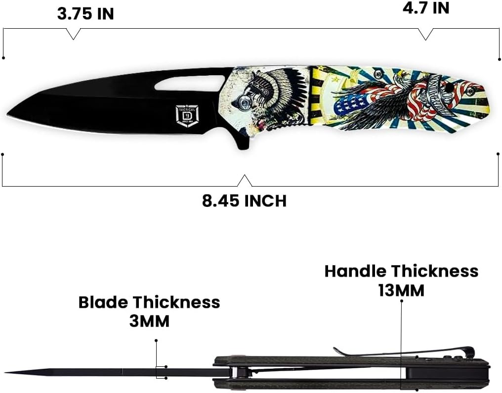 D9 Tactical Cuchillo de bolsillo de 3.75 pulgadas  Cuchillo asistido por resorte con bloqueo de forro, agujero para cordón y clip de bolsillo