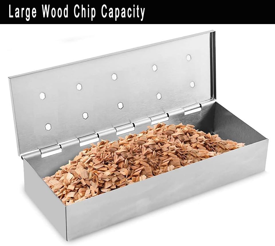 Caja ahumadora de 9 pulgadas para parrilla de gas o carbón, caja de virutas de madera de acero inoxidable con tapa con bisagras, añade un delicioso