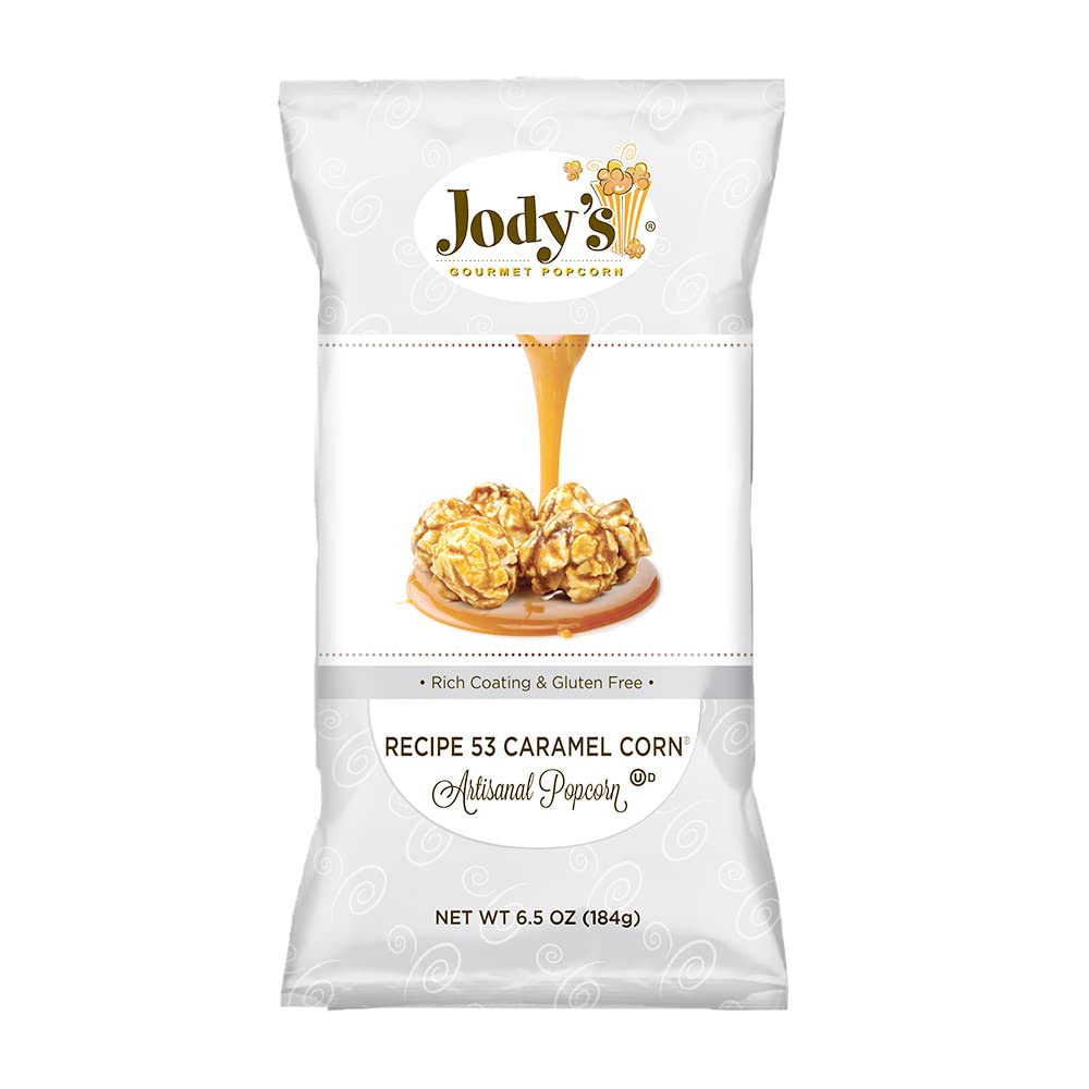 Jody’s Gourmet Popcorn, Receta 53 maíz de caramelo. Bolsa de 6.5 onzas, paquete de 4. Palomitas de maíz de caramelo gourmet, ricas y decadentes. Sin