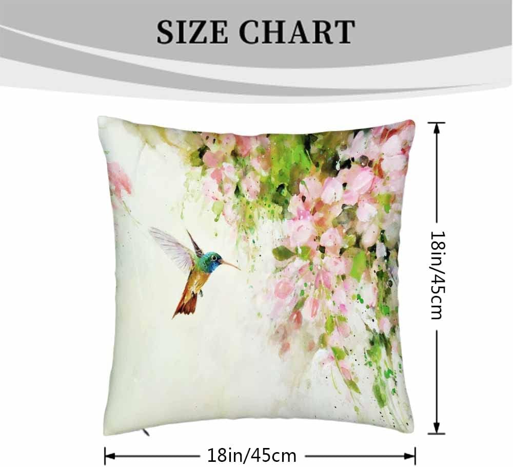 Beabes Fundas de almohada de colibrí volador y flores rosadas, pintura al óleo, 18 x 18 pulgadas, fundas de almohada decorativas para sofá,