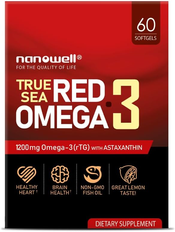 NANOWELL Omega-3 rojo con astaxantina, DHA y EPA – Apoyo inmunológico, aceite de pescado – 60 cápsulas blandas x 1 caja (60 unidades)