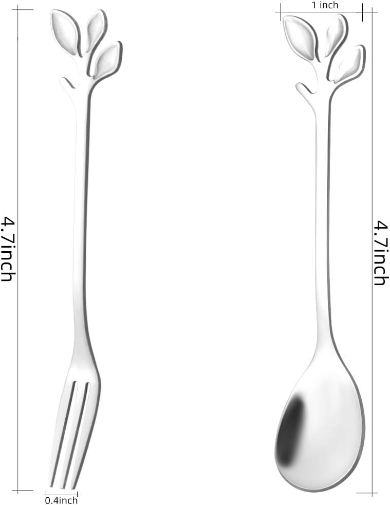 AnSaw 16 cucharas de café de hoja plateada y tenedores de postre, cubiertos de acero inoxidable de 4.7 pulgadas para té, aperitivos, degustación,