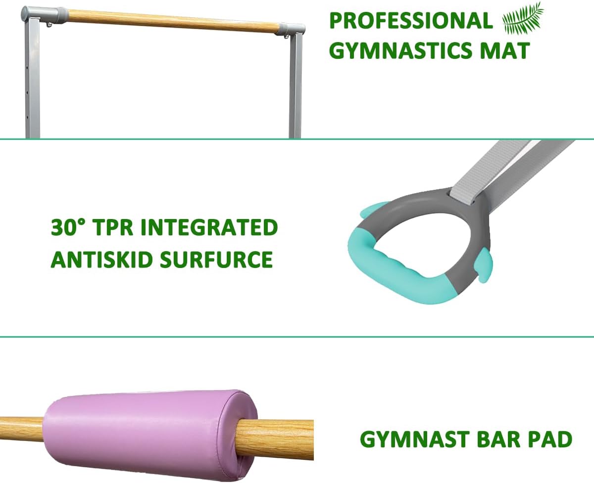 Barra horizontal de gimnasia plegable y móvil con anillos, barra de kip junior expandible de altura ajustable de 3 a 5 pies para el hogar, equipo de