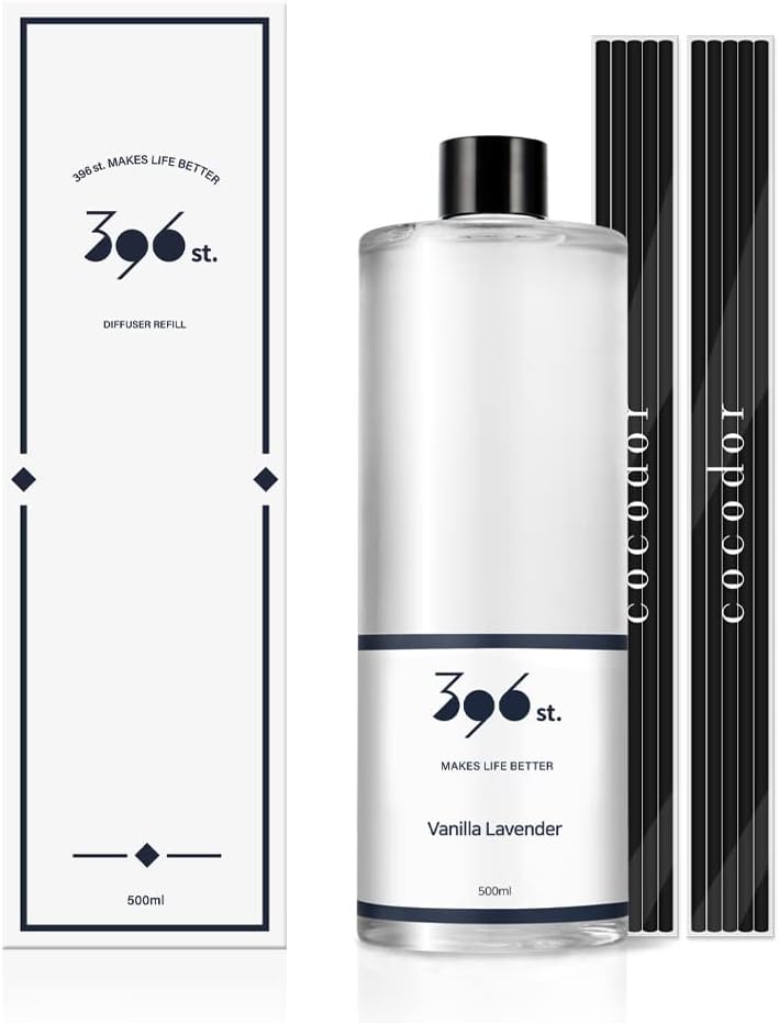396 St. Recambios de aceite perfumado de vainilla y lavanda para difusor de caña, 16.9 onzas, 10 varillas de varillas de fibra, fragancia para el