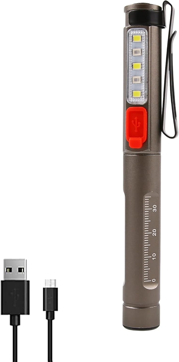 Linterna LED recargable, lámpara de inspección de bolsillo con luz blancaluz blanca cálidaluz UV y clip para emergencia, encontrar manchas de perro,