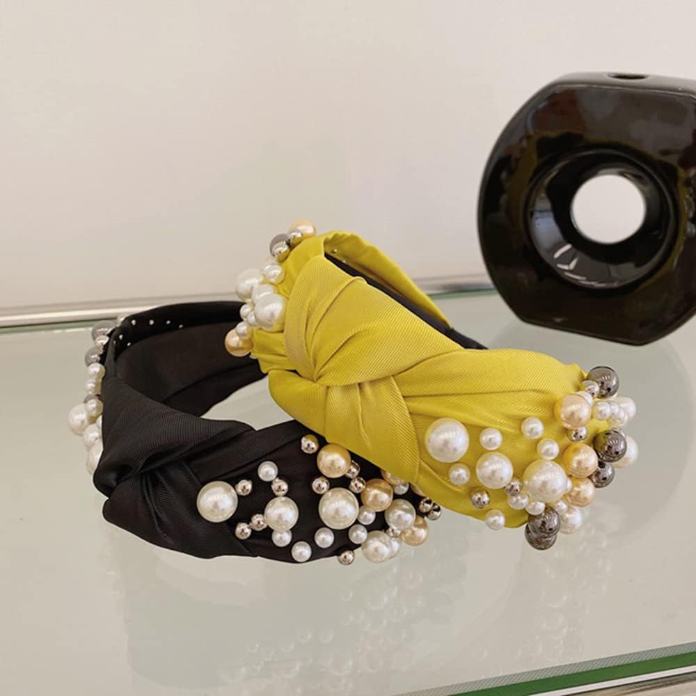 Diademas anudadas de perlas para mujer, diadema ancha de perlas anchas para la cabeza, accesorios para el cabello bohemios (amarillo)