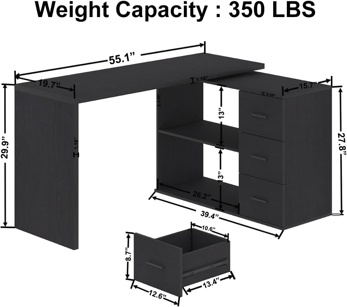 HSH Escritorio negro en forma de L con estantes de cajones, escritorio giratorio de 360 grados para oficina en casa en forma de L con gabinete de