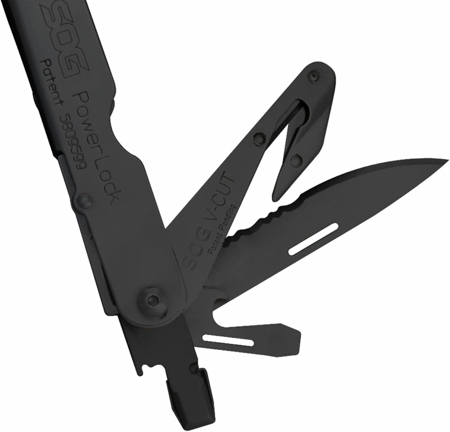 Multiherramienta PowerLock EOD SOG con cúter de seguridad, 18 herramientas, color óxido negro, B63N