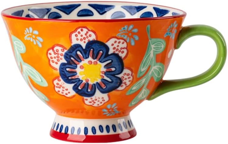 Bicuzat Taza de café de cerámica de gran capacidad con patrón floral pintado a mano, taza de té y leche, taza de desayuno para el hogar, cocina, 14
