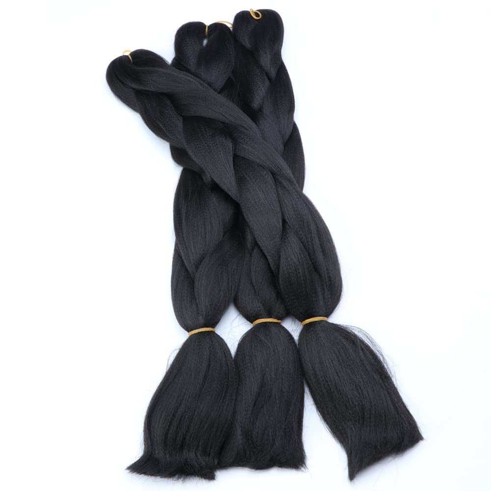 Extensiones de cabello de trenzas jumbo, 3 unidades, color negro puro, 24 pulgadas, 3.53 ozunidad para trenzado de caja torcida (1B negro)