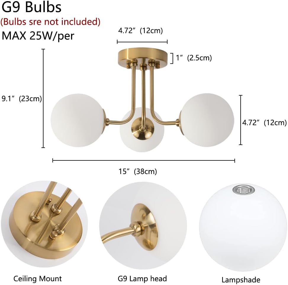 Lámpara de techo moderna semiempotrada de 3 luces, pantalla de vidrio blanco globo, lámpara de techo semiempotrada, candelabros Sputnik para