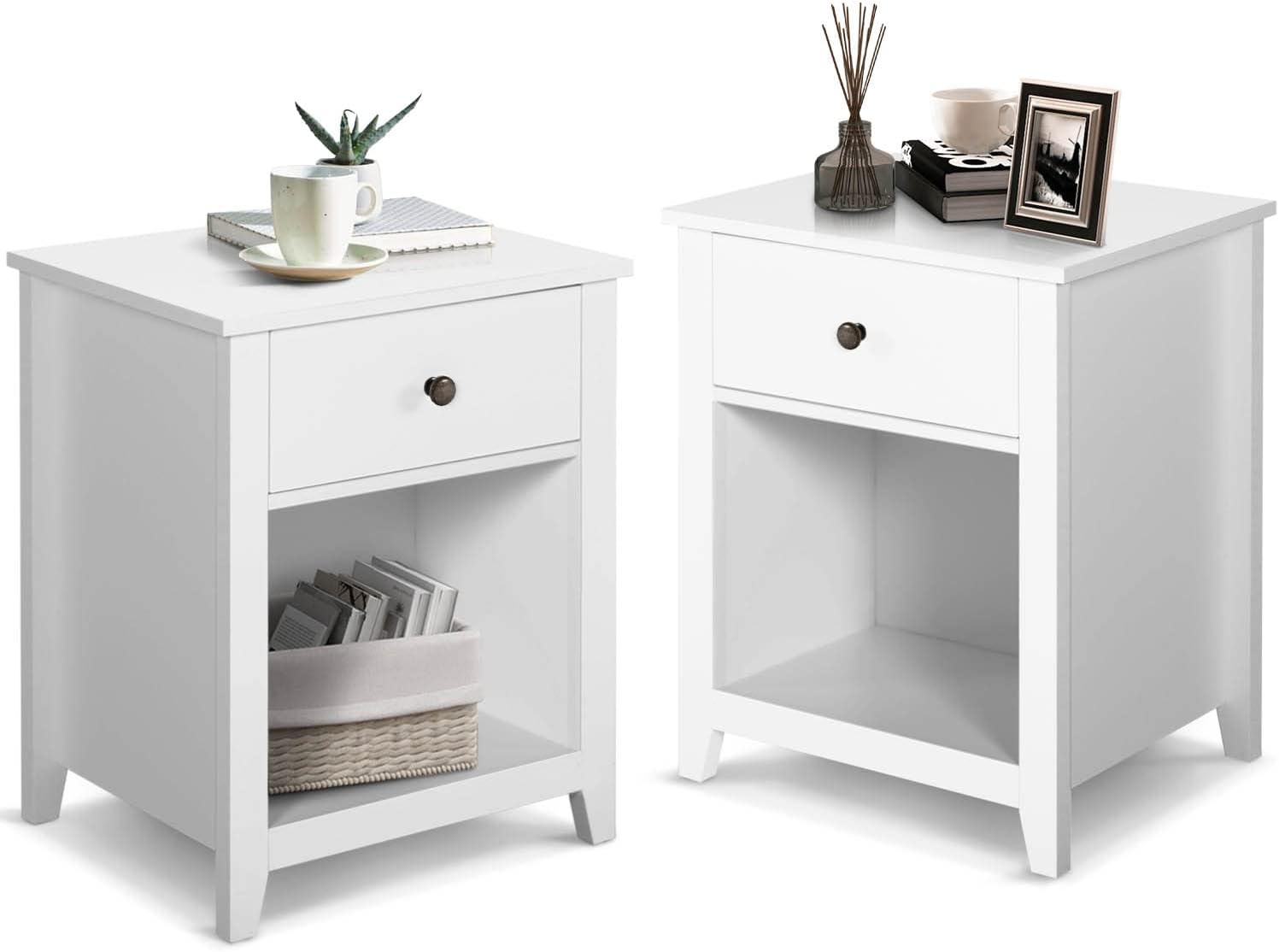 Mesita de noche para dormitorio, juego de 2 mesitas de noche blancas con cajón de almacenamiento y estante abierto, mesita de noche moderna para