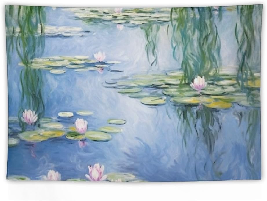 DPOTLI Monet – Tapiz floral estético para dormitorio, diseño de lirios de agua azules, póster abstracto de flores naturales para colgar en la pared