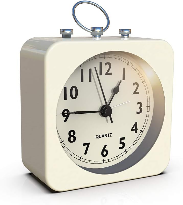 AYRELY Reloj despertador a pilas con caja cuadrada de metal, cuarzo analógico sin tictac, operación simple para dormitorio, viajes, escritorio,