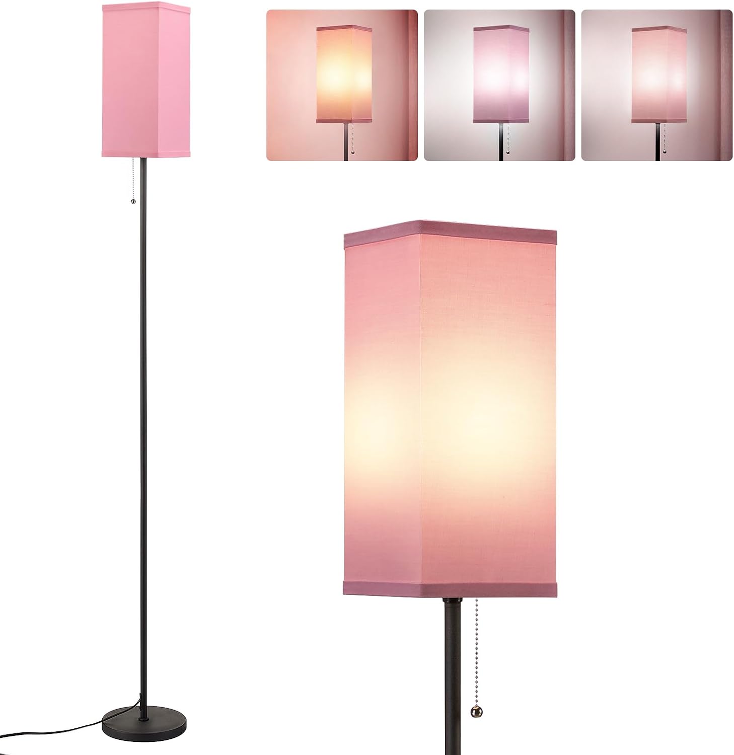 Lámparas de pie rosas modernas para dormitorio, lámparas de pie de temperatura de 3 colores con interruptor de cadena de tracción, lámpara alta para