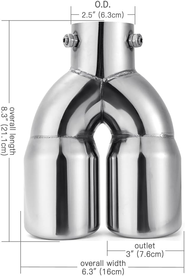 Punta de escape doble de 2.5 pulgadas, entrada de 3 pulgadas, ajustable aplicable para tubos de escape de 1.5 a 2.5 pulgadas de diámetro, decoración