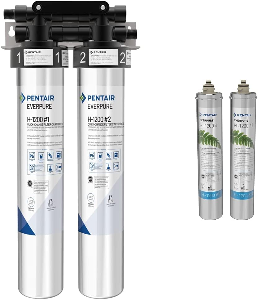 Pentair Everpure H-1200 – Sistema de agua potable, EV928200, certificado NSF para reducir PFOAPFOS, sistema de cartucho doble que incluye cabezal de