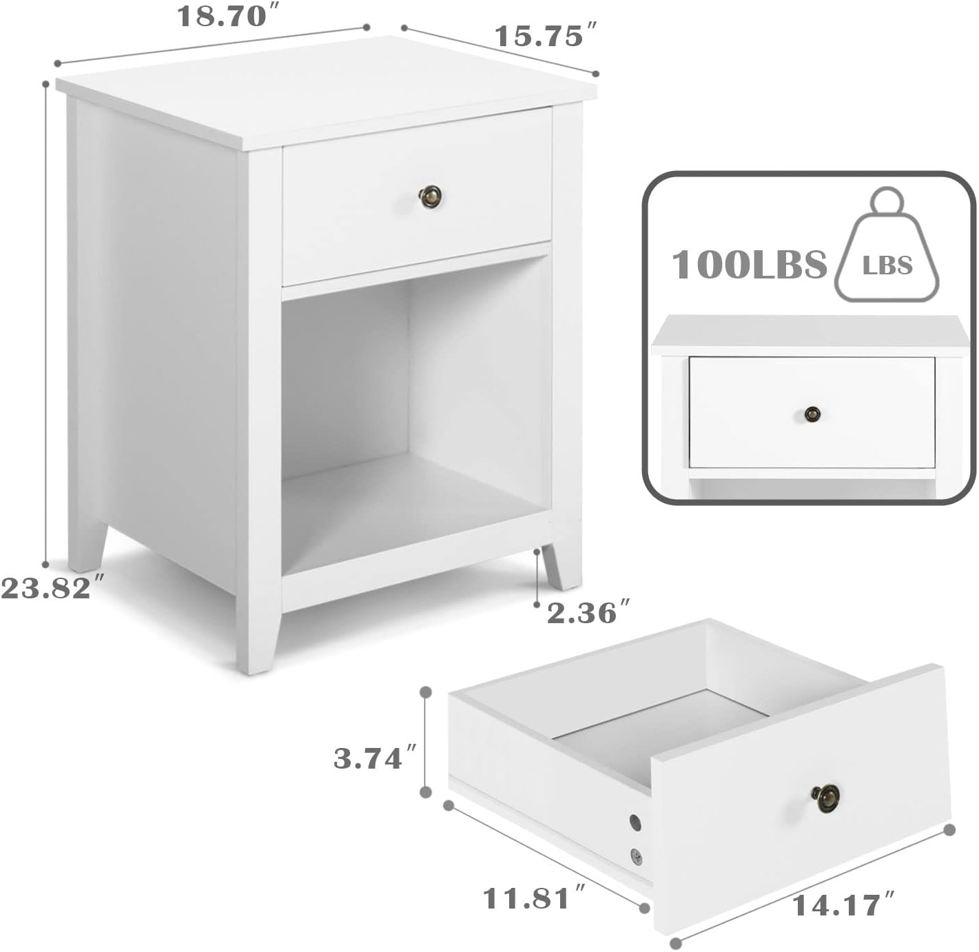 Mesita de noche para dormitorio, juego de 2 mesitas de noche blancas con cajón de almacenamiento y estante abierto, mesita de noche moderna para