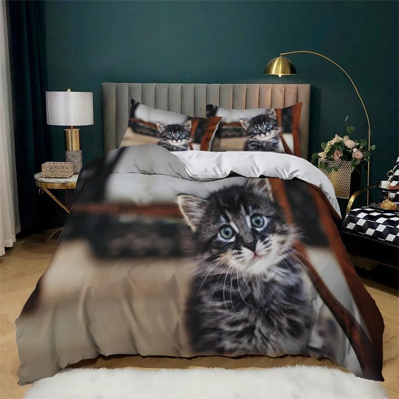 Light Brown Cat Twin Duvet Cover Animal Print Twin Bedding Sets Soft Microfiber Comforter Cover and 2 Pillow Shams 20″X26″, Bed Set Duvet Covers