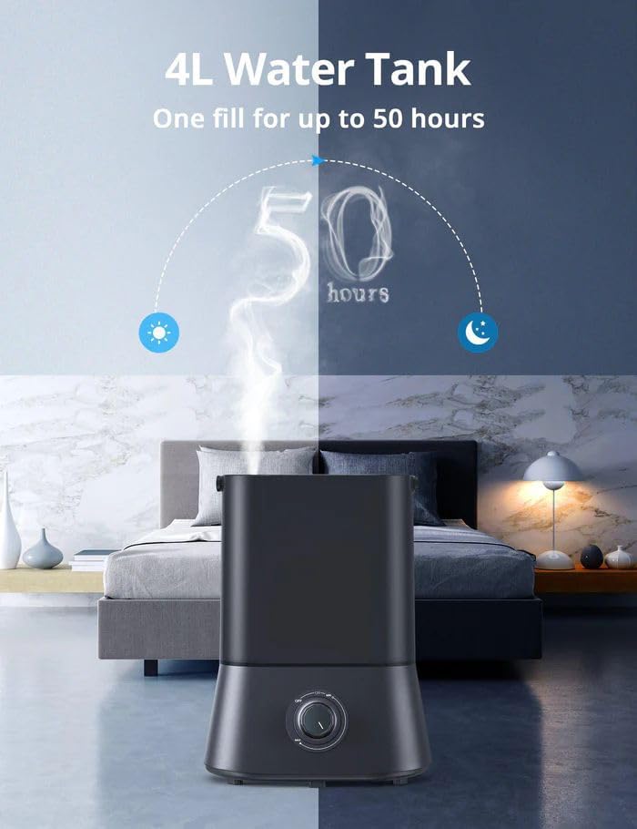 Humidificador de niebla fría, (tanque de agua de 4 litros), humidificadores de aire ultrasónicos silenciosos para dormitorio y habitación grande,