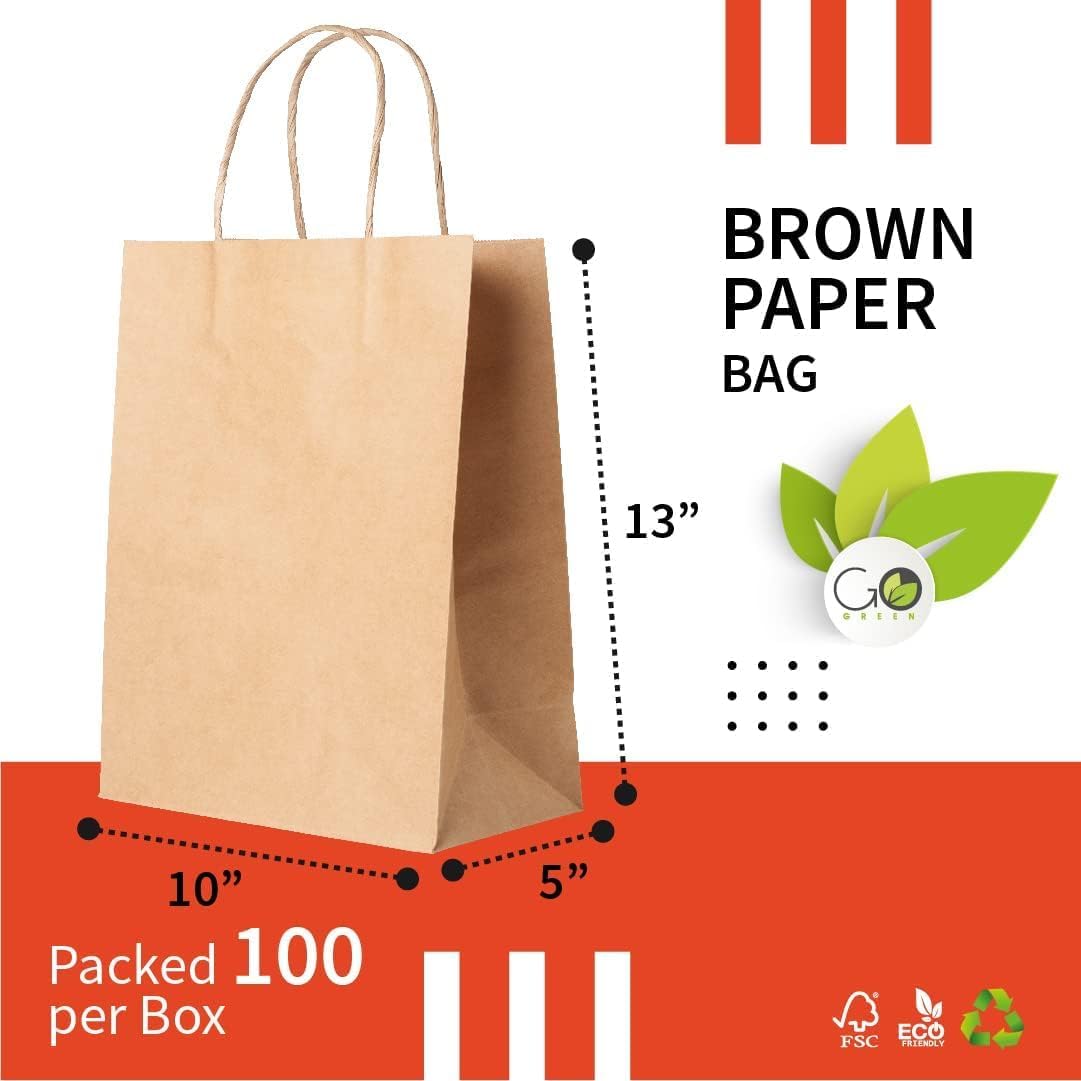 JQ – Bolsas de papel kraft recicladas de 10 x 5 x 13 con asas, 250 piezas, bolsas de papel marrón con asas, bolsas de regalo a granel, bolsas de