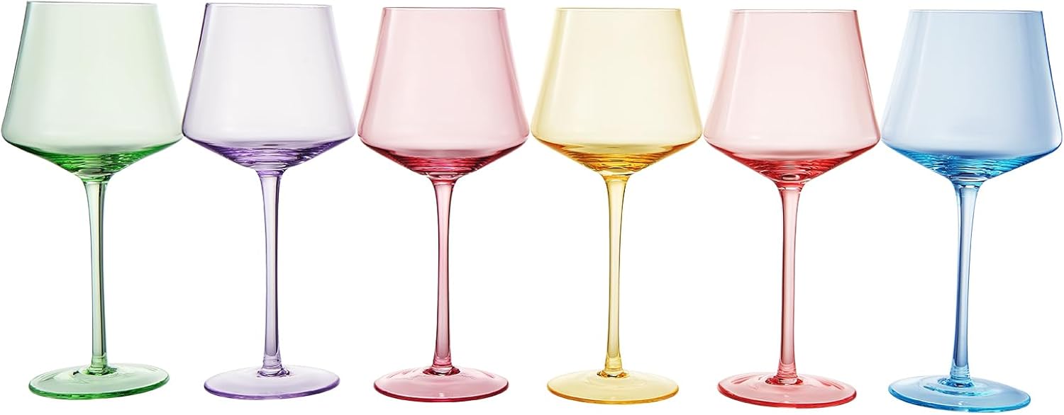 Juego de 6 copas de vino de cristal de colores, grandes y únicos de 16 onzas, ideales para todas las ocasiones y celebraciones especiales, vasos