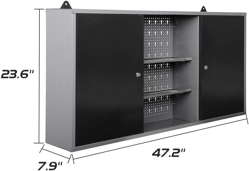 JZD Armario de almacenamiento de pared de metal con 2 puertas con cerradura, para oficina en casa, garaje, sótano, negro y gris, 47.2 x 7.9 x 23.6