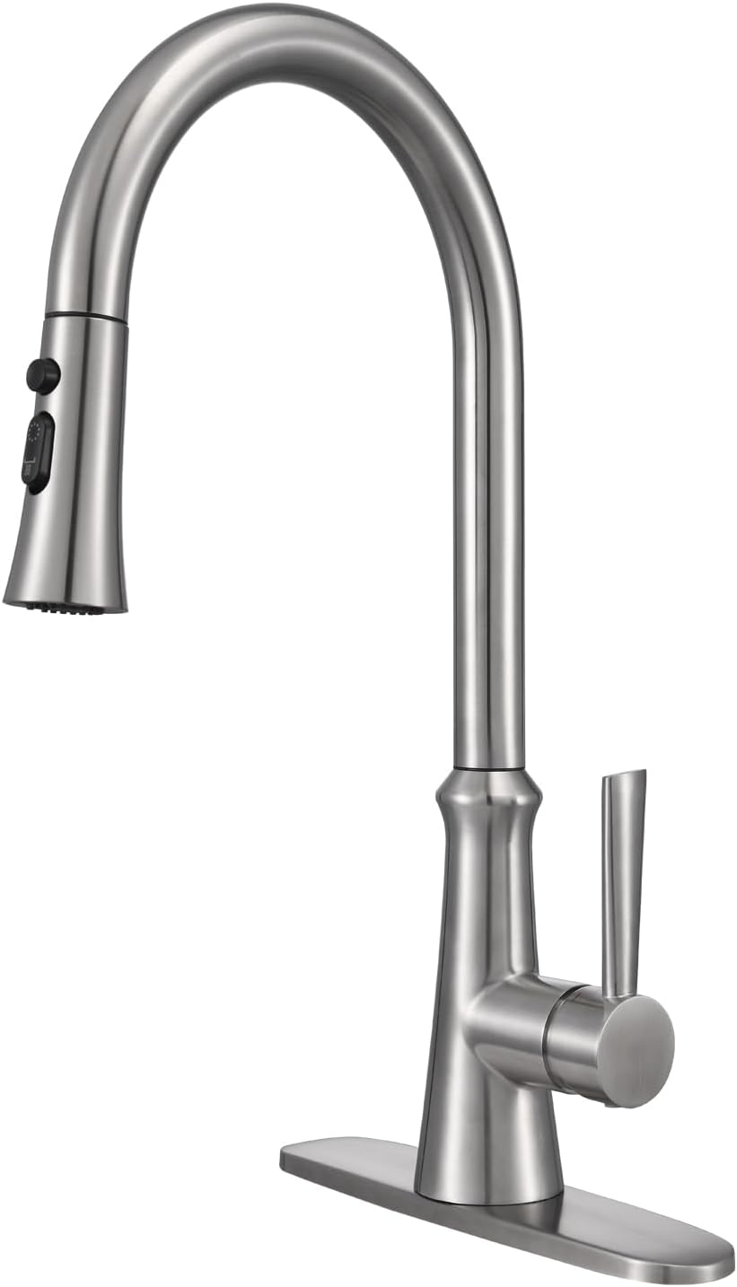 Aktines – Grifo de cocina de acero inoxidable con rociador extraíble, grifo de fregadero de cuello de cisne de arco alto con cepillo de limpieza,