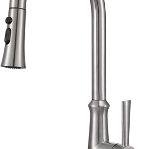 Aktines – Grifo de cocina de acero inoxidable con rociador extraíble, grifo de fregadero de cuello de cisne de arco alto con cepillo de limpieza, Aktines – Grifo de cocina de acero inoxidable con rociador extraíble, grifo de fregadero de cuello de cisne de arco alto con cepillo de limpieza,