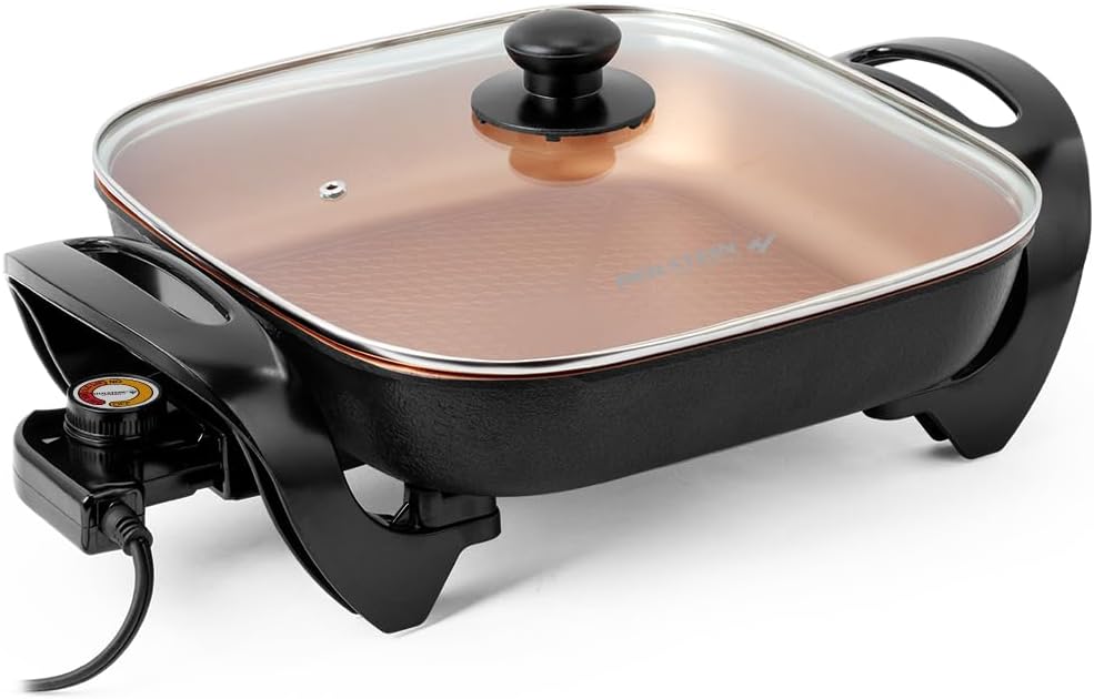 Holstein Housewares Sartén eléctrica de 12 pulgadas y sartén con tapa de vidrio, revestimiento antiadherente, control de temperatura con sonda de