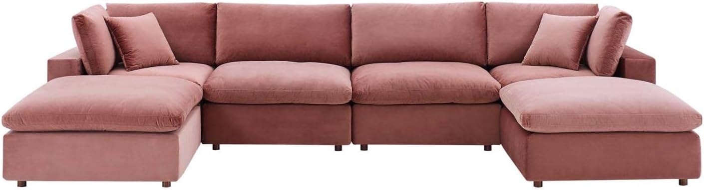 Modway Commix Sofá seccional de 6 piezas de terciopelo de alto rendimiento relleno de plumón en rosa polvoriento