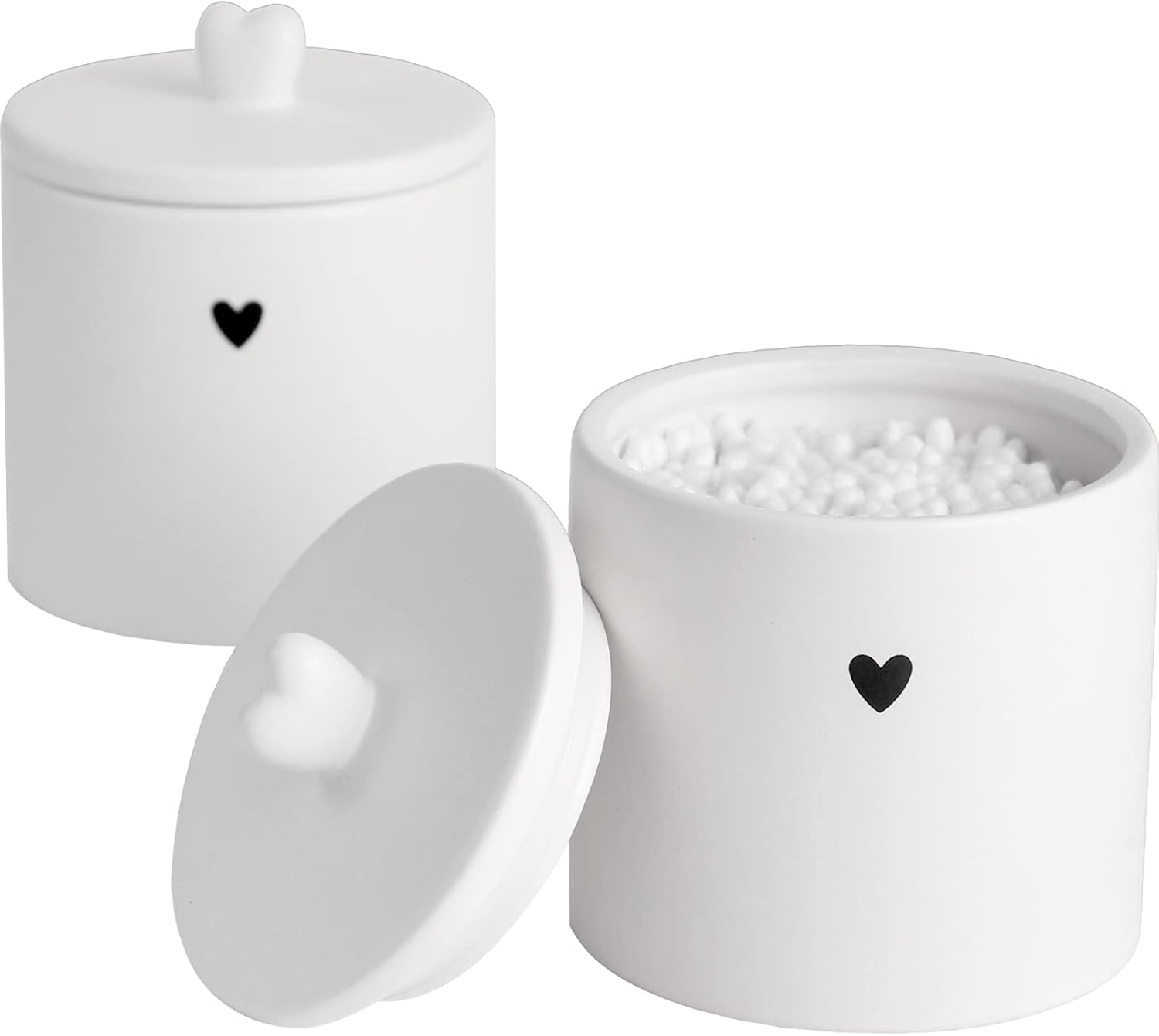 Paquete de 2 tarros de cerámica con tapas para boticario Qtip para decoración de baño, para bolas de algodón, hisopo de algodón, almohadilla de