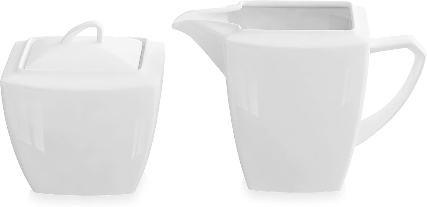 MALACASA Juego de azúcar y crema, juego de porcelana blanca para café, té y leche, jarra de leche de 1 pieza y 1 juego de azucarera con tapa, serie