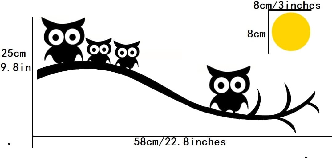 BIBITIME Calcomanía de pared de la familia de búhos, diseño de pájaros, rama de árbol, noche, amarillo, redondo, luna, para habitación de niño y niña