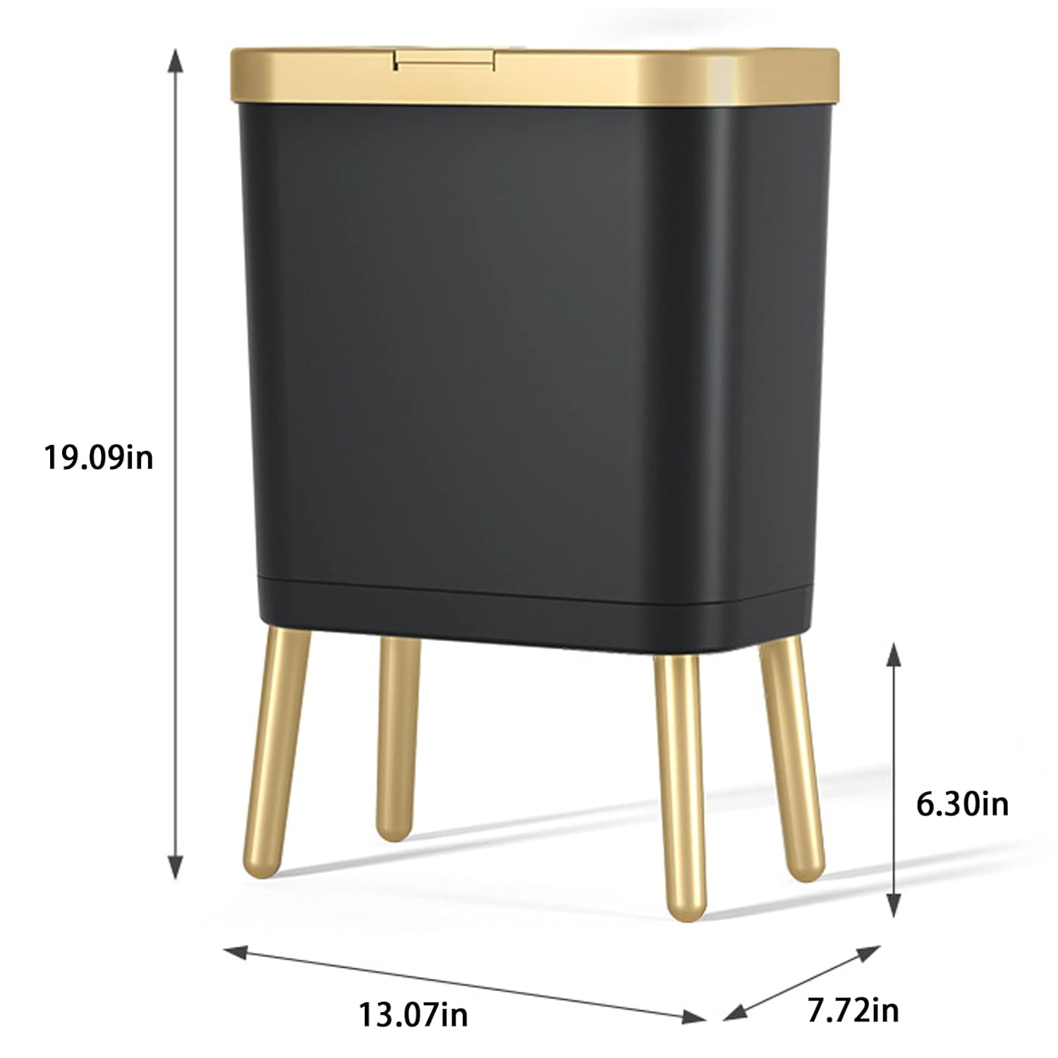 URALFA Basurero de cocina con tapa, bote de basura delgado negro con borde dorado, moderno cubo de basura de plástico para dormitorio, sala de