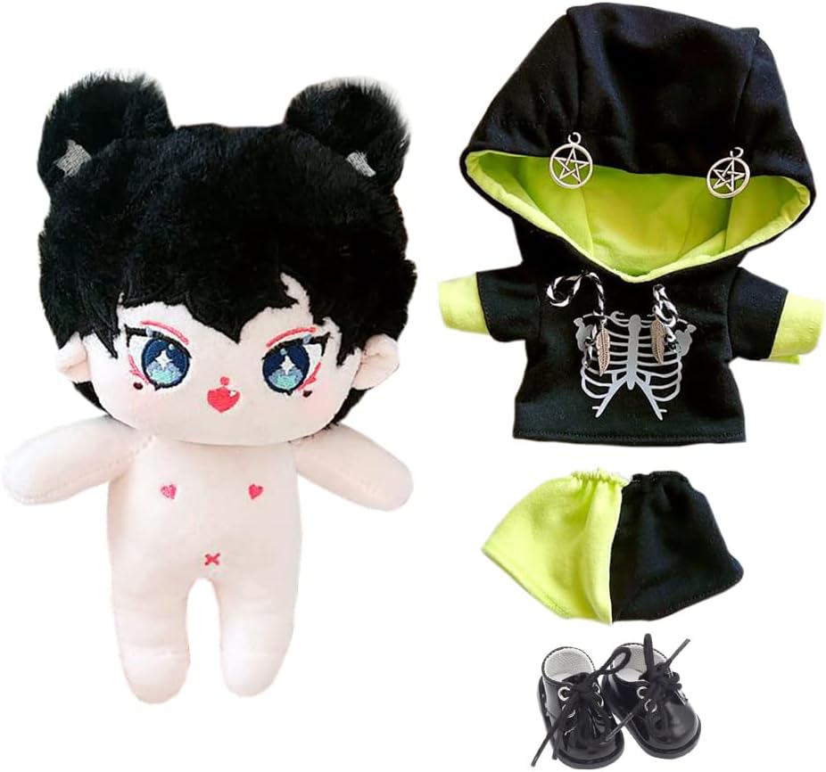 niannyyhouse Muñeca de peluche de 7.9 in con capucha y cuerpo de peluche humanoide desnudo, pantalones de cuero, ropa de muñeca Kpop (A-2)