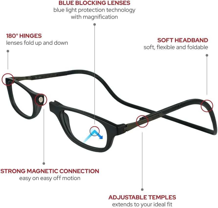 Clic Slastik – Anteojos de lectura magnéticos con bloqueo de luz azul de banda suave, lectores de computadora con patillas ajustables, Windu (M-XL)