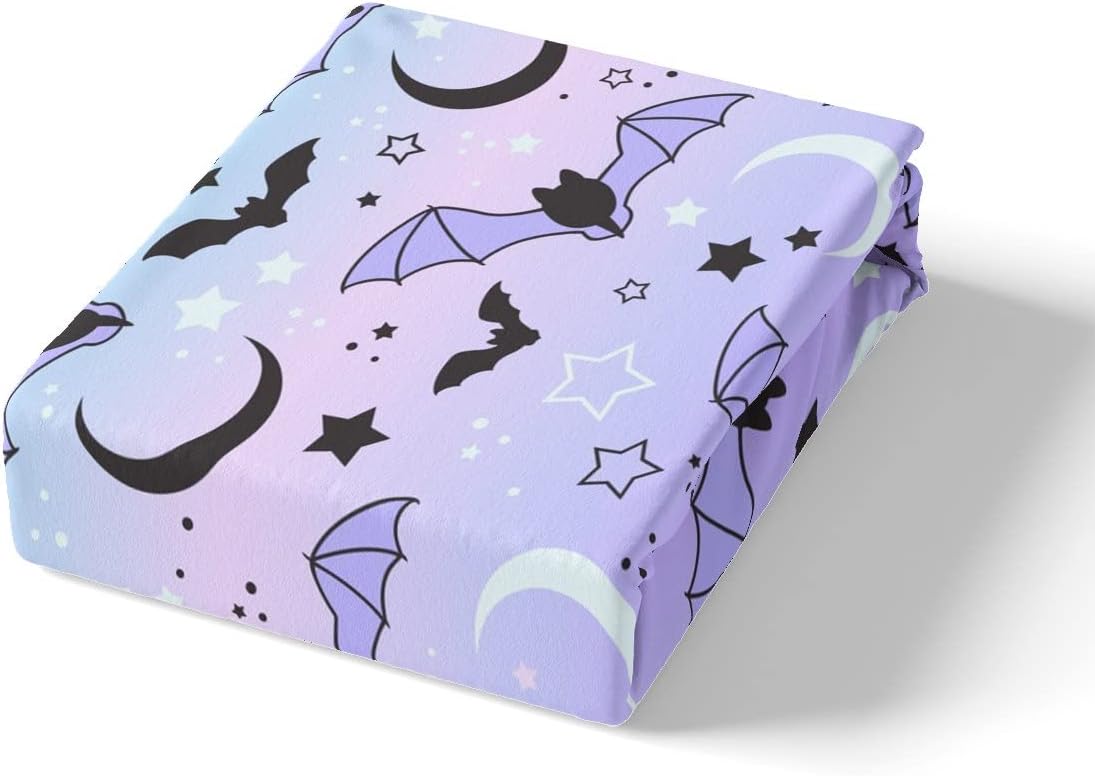 Juego de funda de edredón de Halloween, sábana bajera ajustable de arcoíris para niños y niños, diseño de murciélago, luna y estrella, juego de