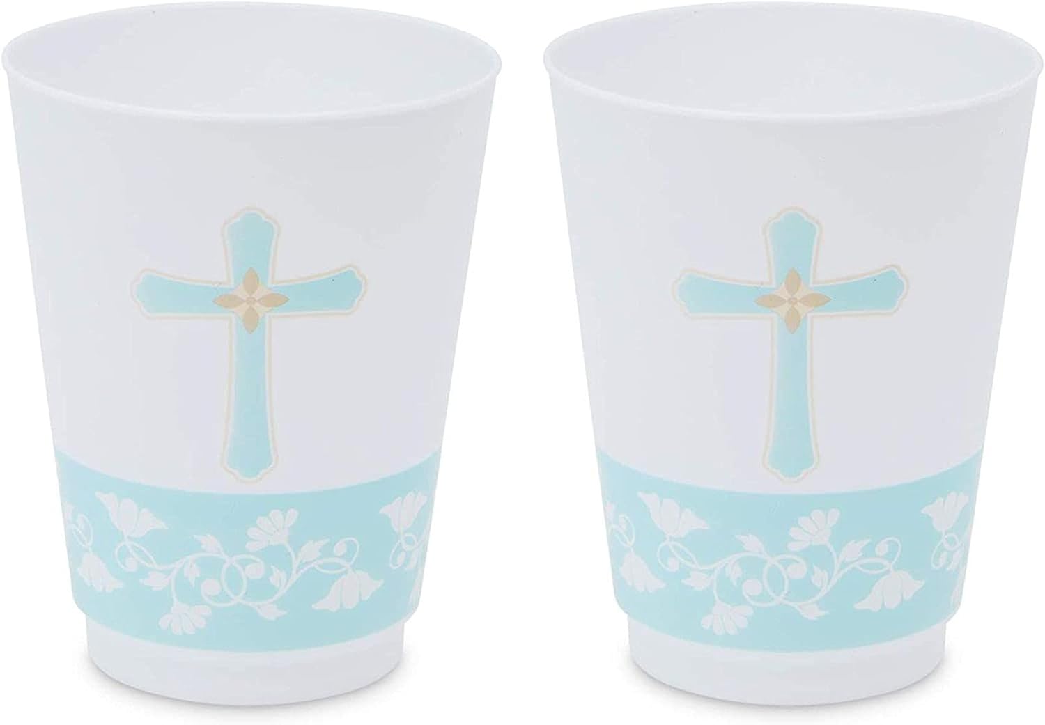 Sparkle and Bash Paquete de 16 vasos de 16 onzas con cruz azul, vasos de plástico para bautismo, decoraciones de primera comunión, suministros para