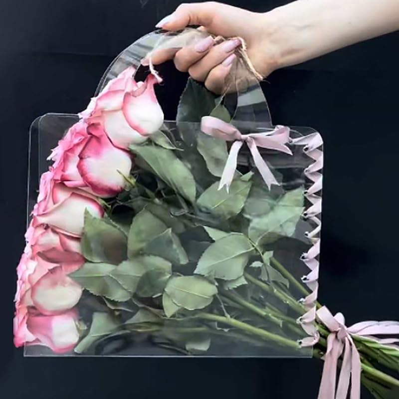 YAMSLAM Caja de flores transparente con asa Bolsas de embalaje de flores portátiles regalo Contatiner bolso de boda rosa envoltura caja de regalo de