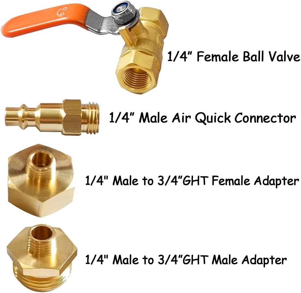 Adaptador de latón soplado RV Winterize con válvula de bola, enchufe de conexión rápida de aire de 14 pulgadas a macho de 34 pulgadas GHT y rosca