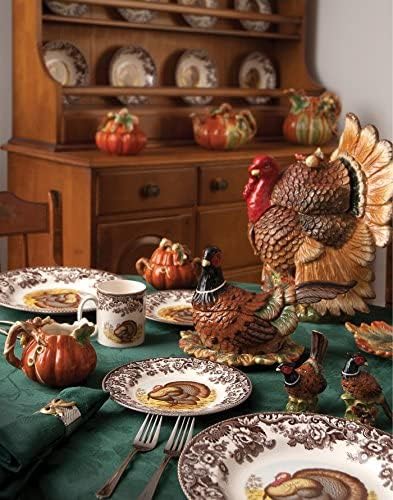 Spode Woodland – Tazón de sopa de 9 pulgadas, juego de 4, tazón grande con motivo de pavo, pasta y ensaladera para Acción de Gracias, hecho de loza