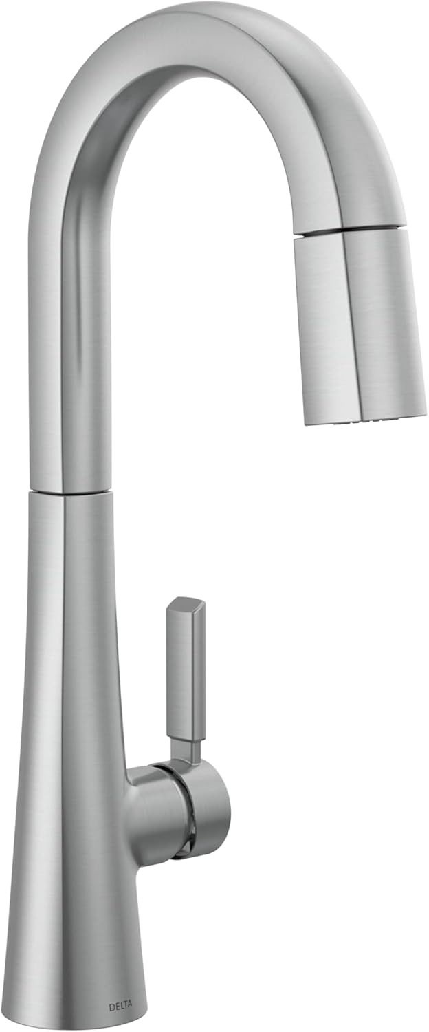 Delta Faucet Monrovia – Grifo de barra de níquel cepillado, grifo de fregadero de barra de un solo agujero, grifos de barra húmeda con rociador
