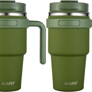 ALOUFEA Taza de café aislada de 20 onzas con asa, vaso de viaje de acero inoxidable con tapa y popote, taza térmica de doble pared al vacío a prueba ALOUFEA Taza de café aislada de 20 onzas con asa, vaso de viaje de acero inoxidable con tapa y popote, taza térmica de doble pared al vacío a prueba