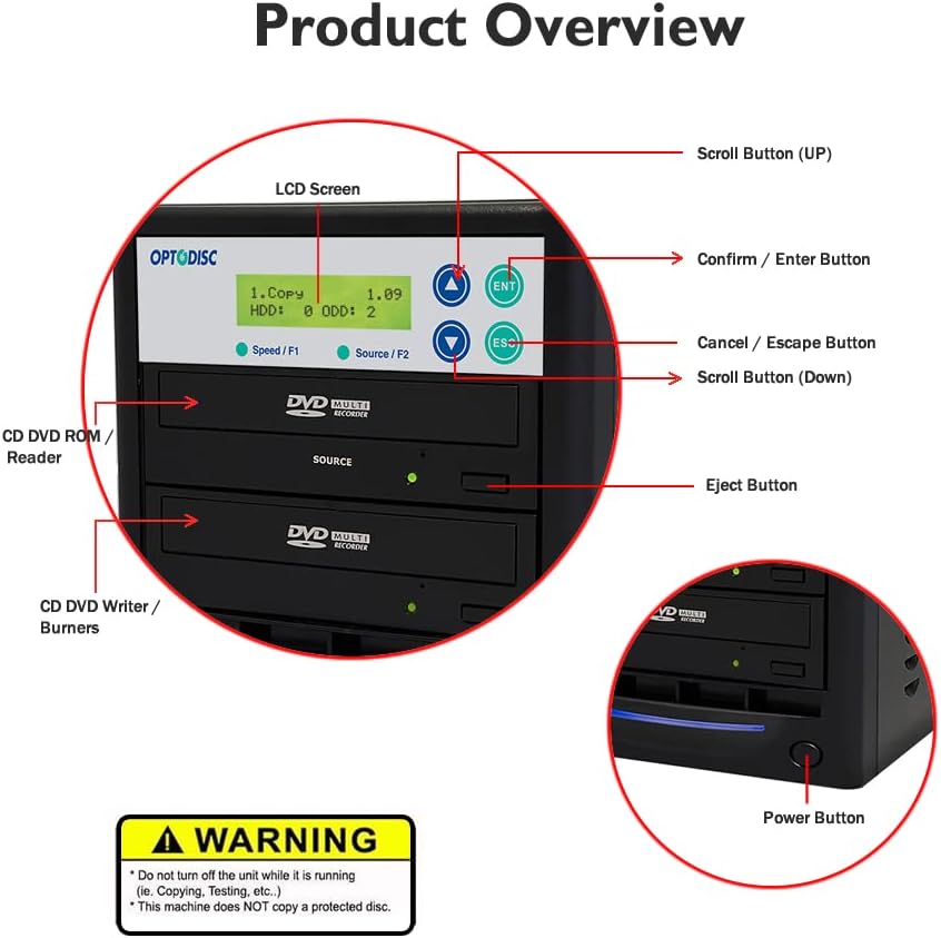1 to 1 24X Burner M-Disc Support CD DVD Duplicator – Standalone Copier Duplication Tower OPTO-S1T-DVD-BK