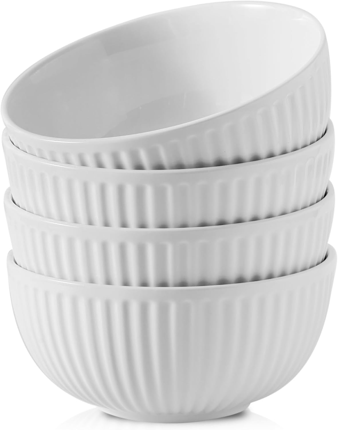 Hasense Cuencos grandes de cerámica blanca de 7 pulgadas a 42 onzas para cocina, modernos platos de porcelana acanalada para entretenimiento, sopa,