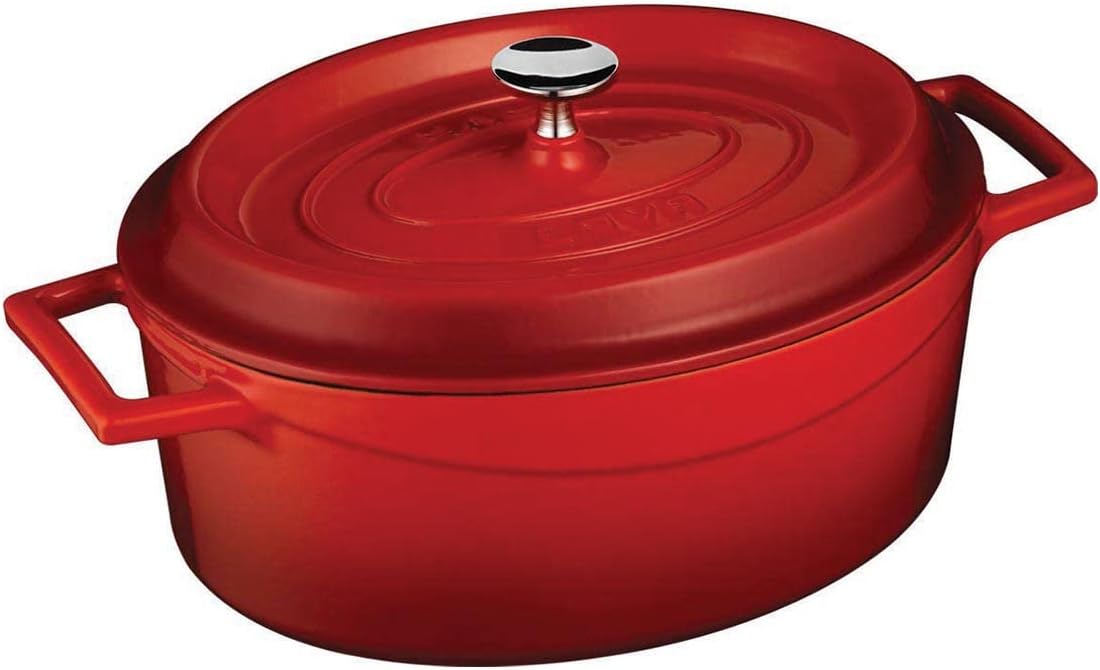 LAVA – Horno holandés de hierro fundido de 6.75 cuartos de galón olla holandesa de forma ovalada multiusos con tres capas de esmalte recubiertas con
