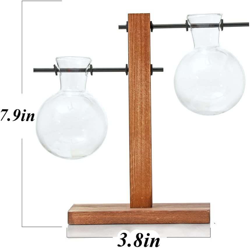 Jarrón de cristal para plantas hidropónicas, kit de terrario de plantas de escritorio con soporte retro de madera maciza para plantas hidropónicas,