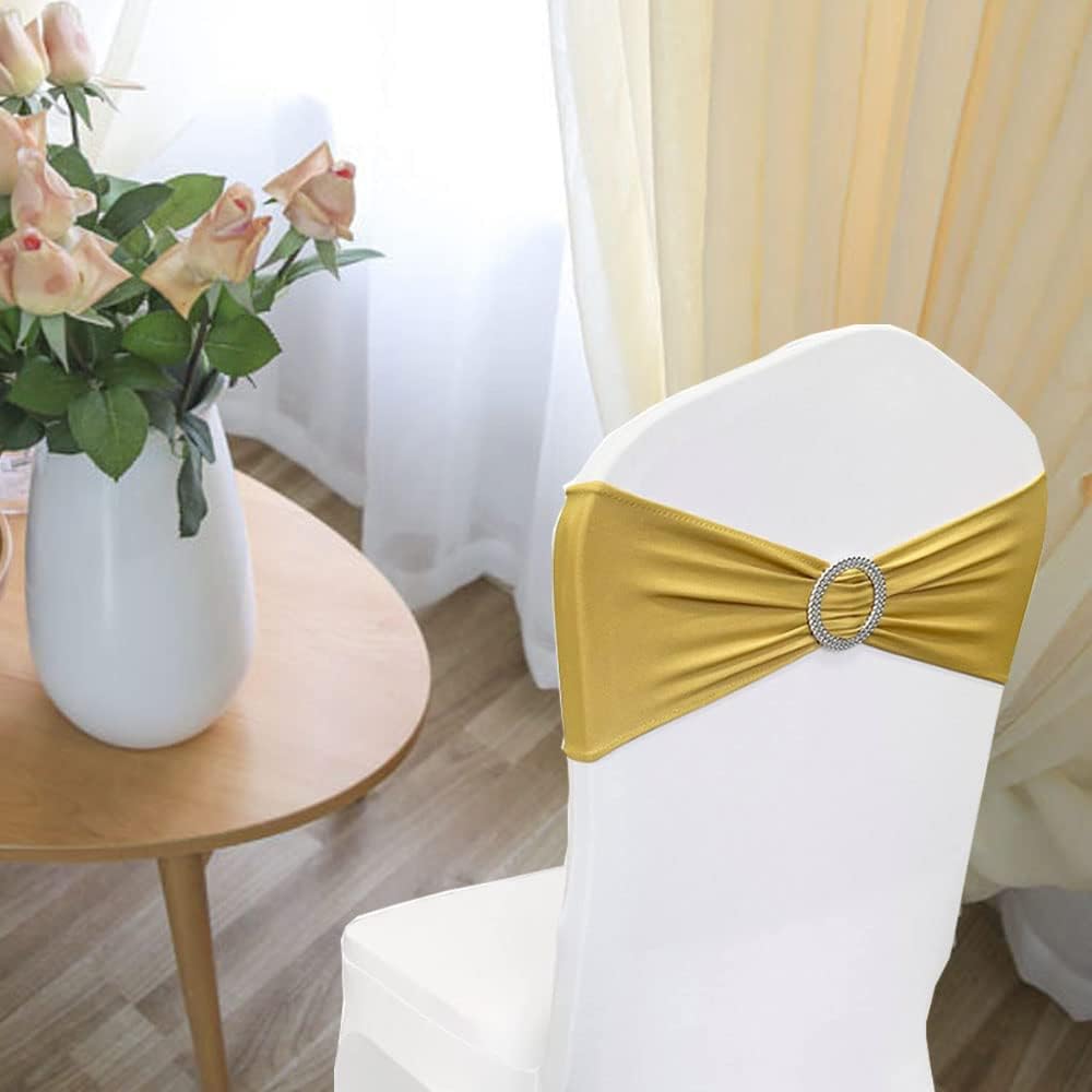 Bandas elásticas para sillas de elastano con hebilla deslizante para decoración de bodas y fiestas (dorado, 25 unidades)