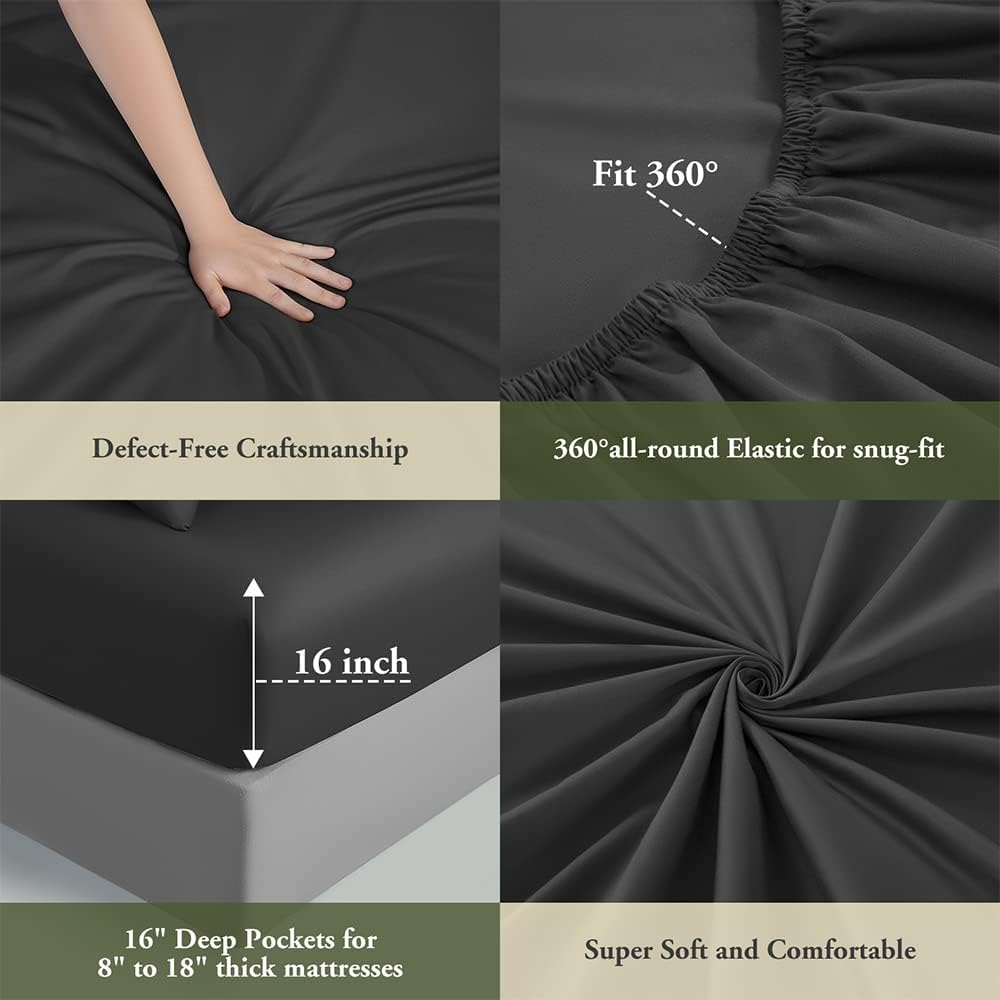 SAKIAO Sábanas de algodón de 1200 hilos, sábanas de 100% algodón egipcio para cama tamaño Queen, sábanas de tejido satinado de 16 pulgadas de